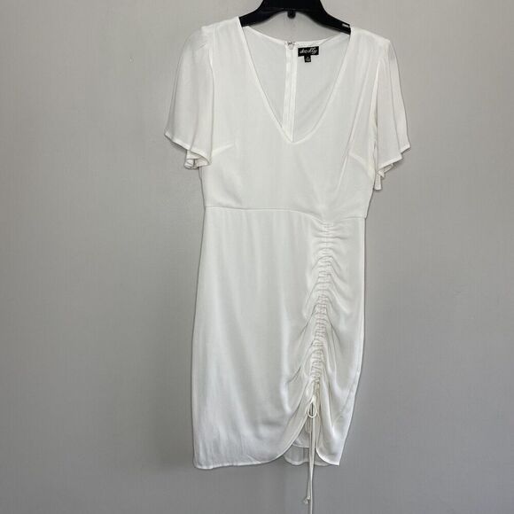 DEE ELLY Dress Womens Medium Ivory V-Neck Sheer Lined Sheath Ruched Detail - Picture 1 of 12